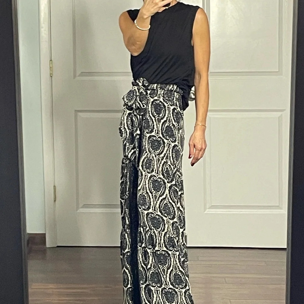 Elan Black Paisley Wide Leg Self Tie Pants size S - Picture 3 of 13
